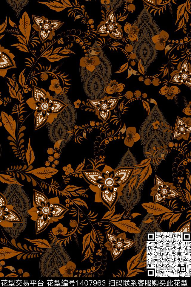 民族花卉简约民族风数码印花华亿平台下载（图片编号: 1407963） - 瓦栏（Walan）