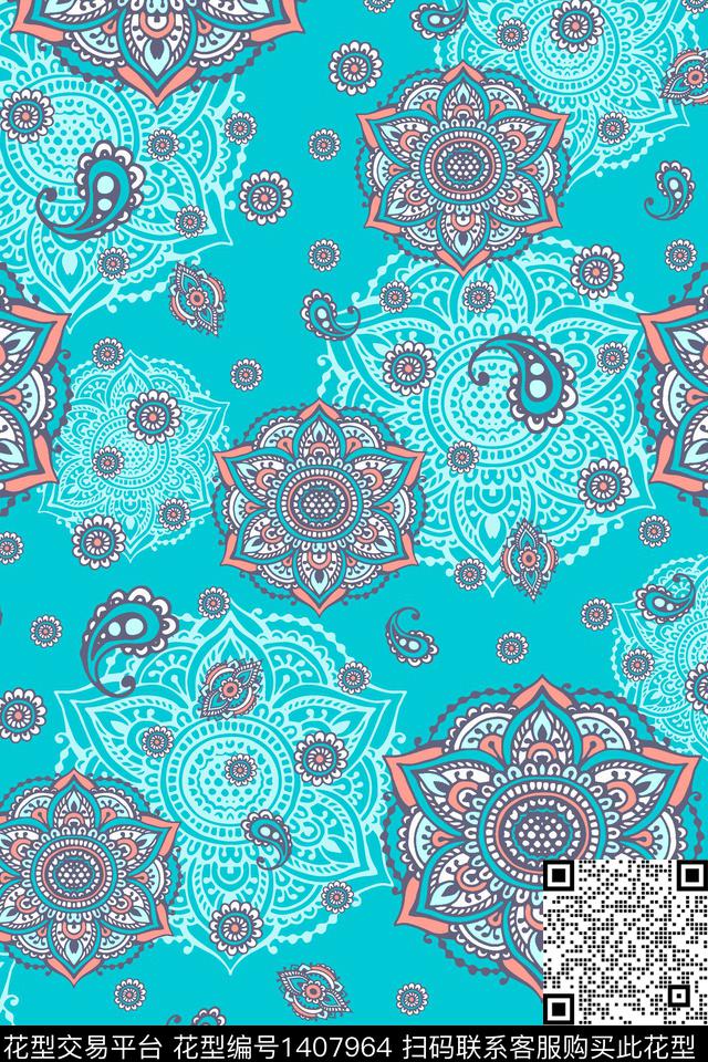 民族花卉几何简约传统印花华亿平台下载（图片编号: 1407964） - 瓦栏（Walan）