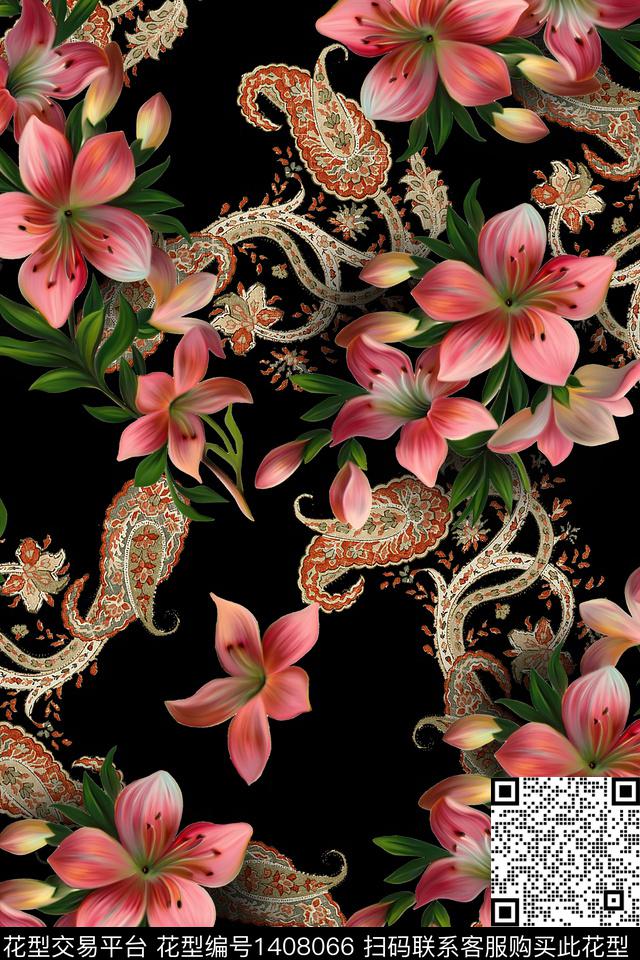 绿植树叶佩斯利大牌风数码印花华亿平台下载（图片编号: 1408066） - 瓦栏（Walan）