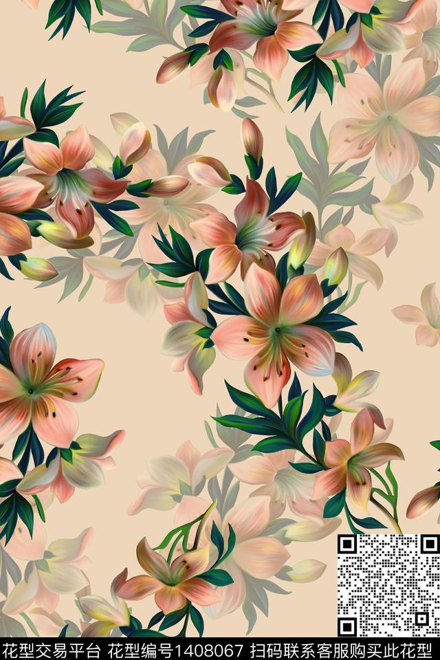 绿植树叶水彩大牌风数码印花华亿平台下载（图片编号: 1408067） - 瓦栏（Walan）