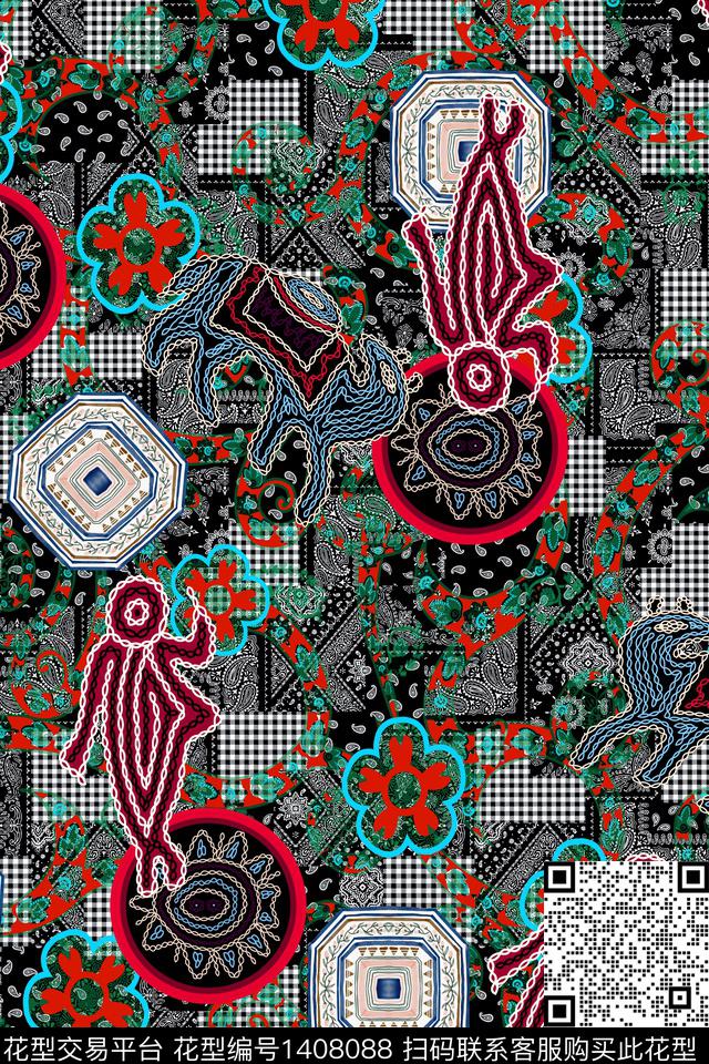 几何复古民族风数码印花华亿平台下载（图片编号: 1408088） - 瓦栏（Walan）