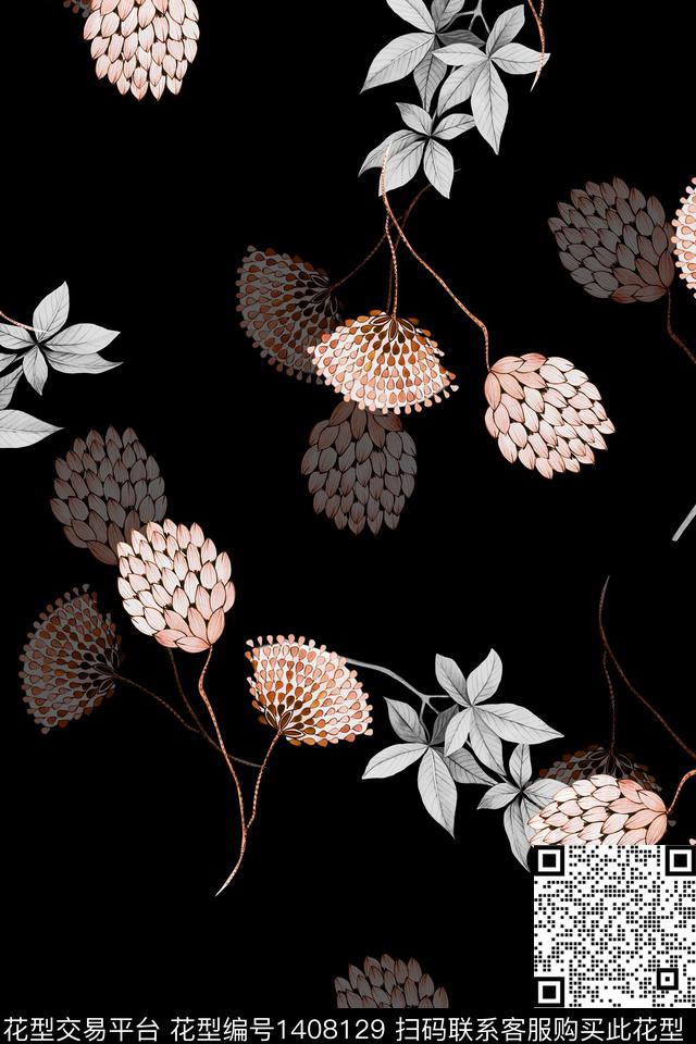 黑底花卉花卉香云纱数码印花华亿平台下载（图片编号: 1408129） - 瓦栏（Walan）