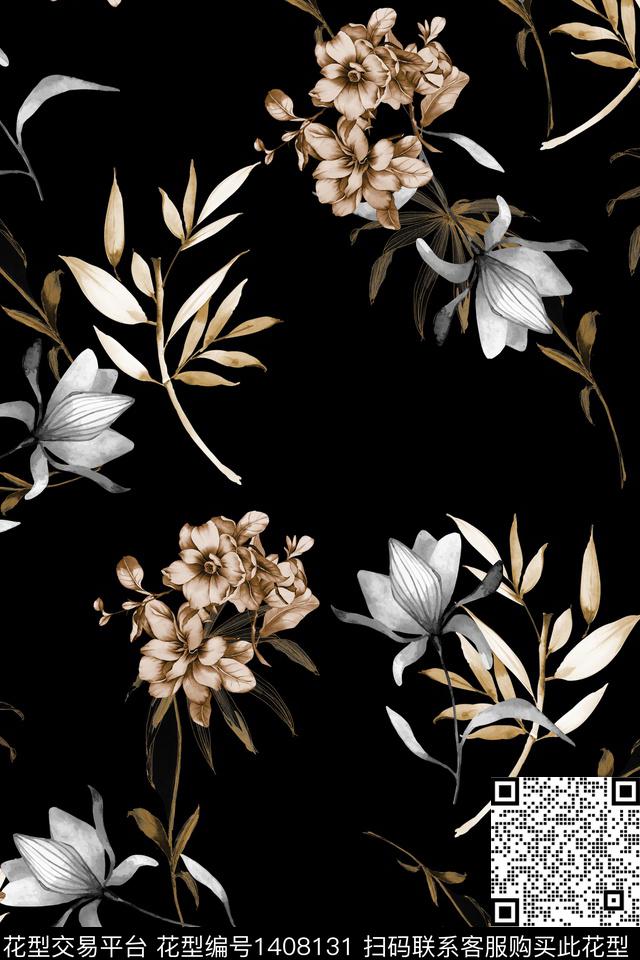 黑底花卉花卉香云纱数码印花华亿平台下载（图片编号: 1408131） - 瓦栏（Walan）