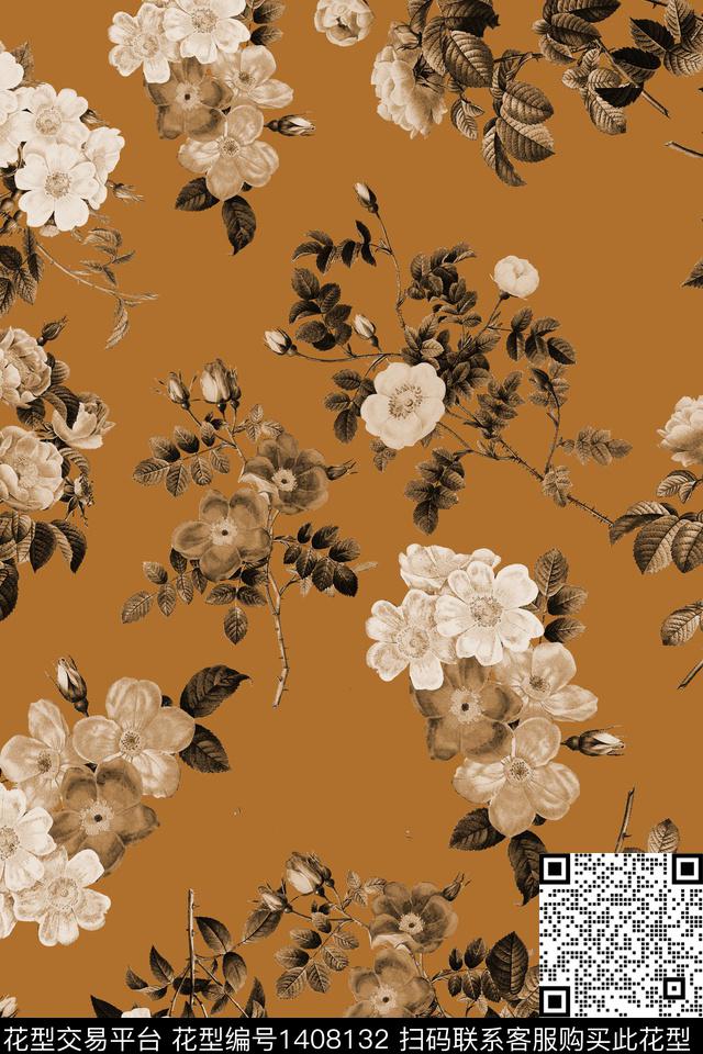 花卉香云纱大牌风数码印花华亿平台下载（图片编号: 1408132） - 瓦栏（Walan）