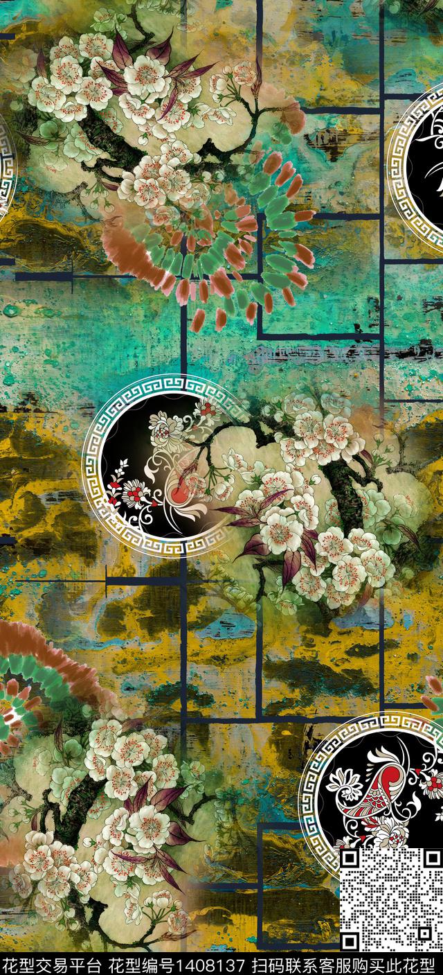几何花卉大牌风数码印花华亿平台下载（图片编号: 1408137） - 瓦栏（Walan）