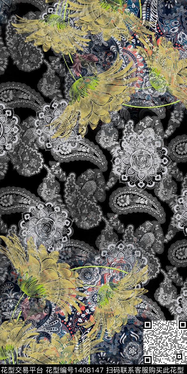花卉大牌风抽象数码印花华亿平台下载（图片编号: 1408147） - 瓦栏（Walan）