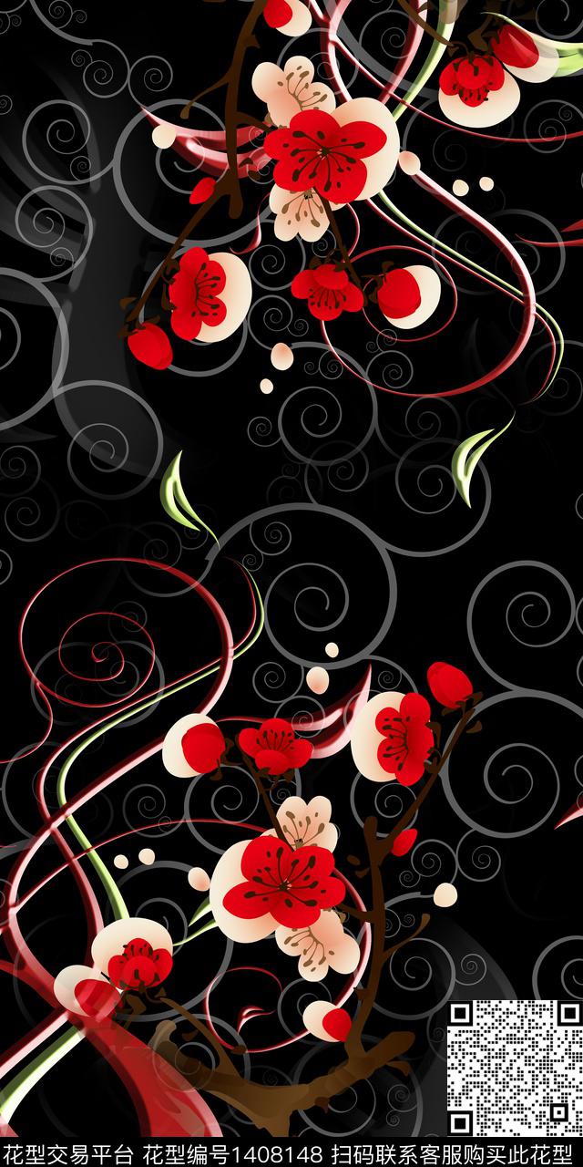 花卉大牌风抽象数码印花华亿平台下载（图片编号: 1408148） - 瓦栏（Walan）