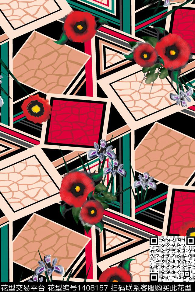 几何花卉大牌风数码印花华亿平台下载（图片编号: 1408157） - 瓦栏（Walan）