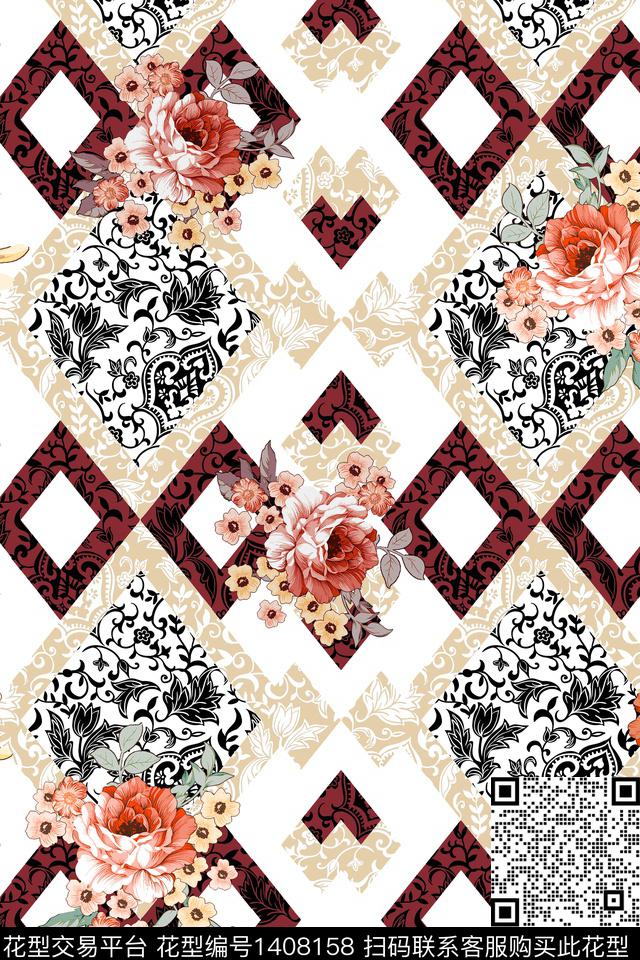 几何花卉大牌风数码印花华亿平台下载（图片编号: 1408158） - 瓦栏（Walan）