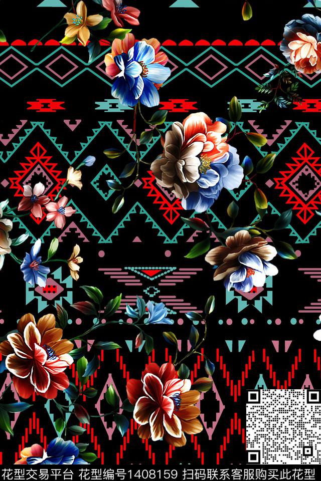 几何花卉大牌风数码印花华亿平台下载（图片编号: 1408159） - 瓦栏（Walan）