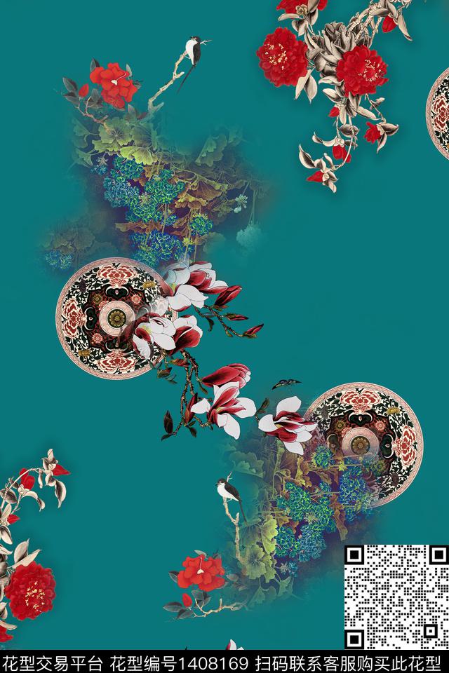 花卉香云纱中国风数码印花华亿平台下载（图片编号: 1408169） - 瓦栏（Walan）