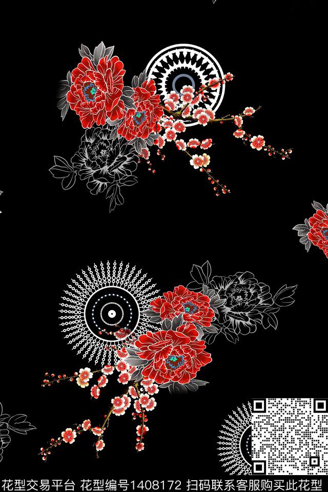 花卉香云纱中国风数码印花华亿平台下载（图片编号: 1408172） - 瓦栏（Walan）