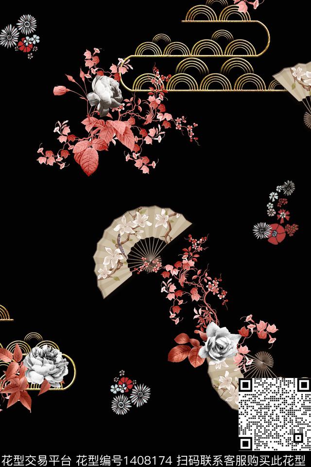 花卉香云纱中国风数码印花华亿平台下载（图片编号: 1408174） - 瓦栏（Walan）