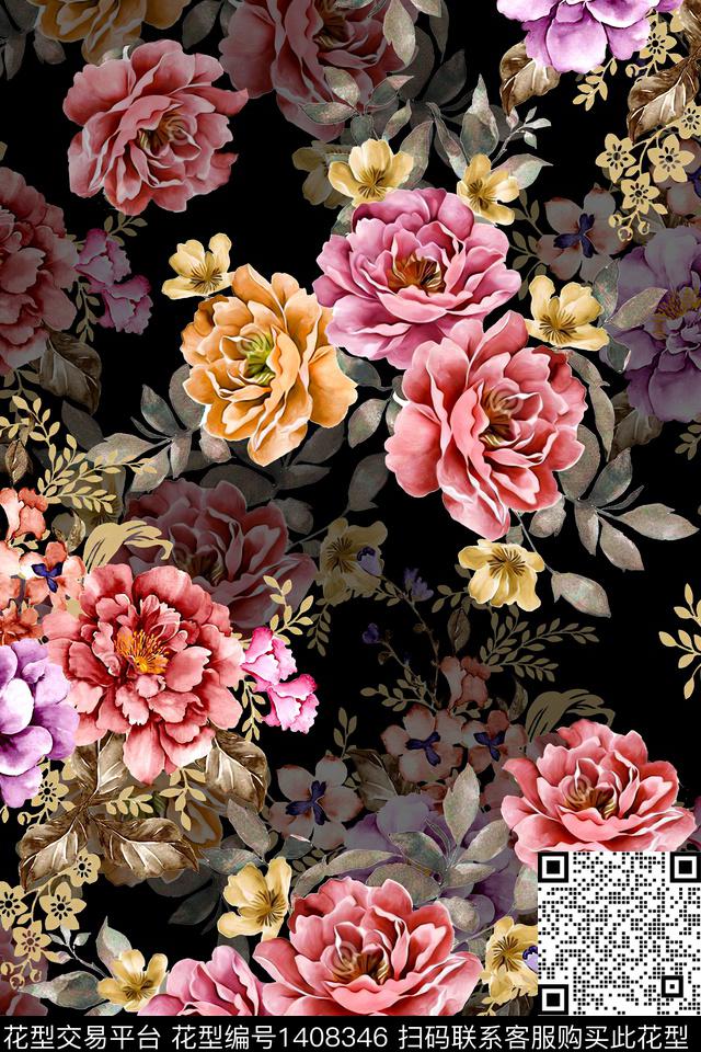 花卉大牌风真丝数码印花华亿平台下载（图片编号: 1408346） - 瓦栏（Walan）