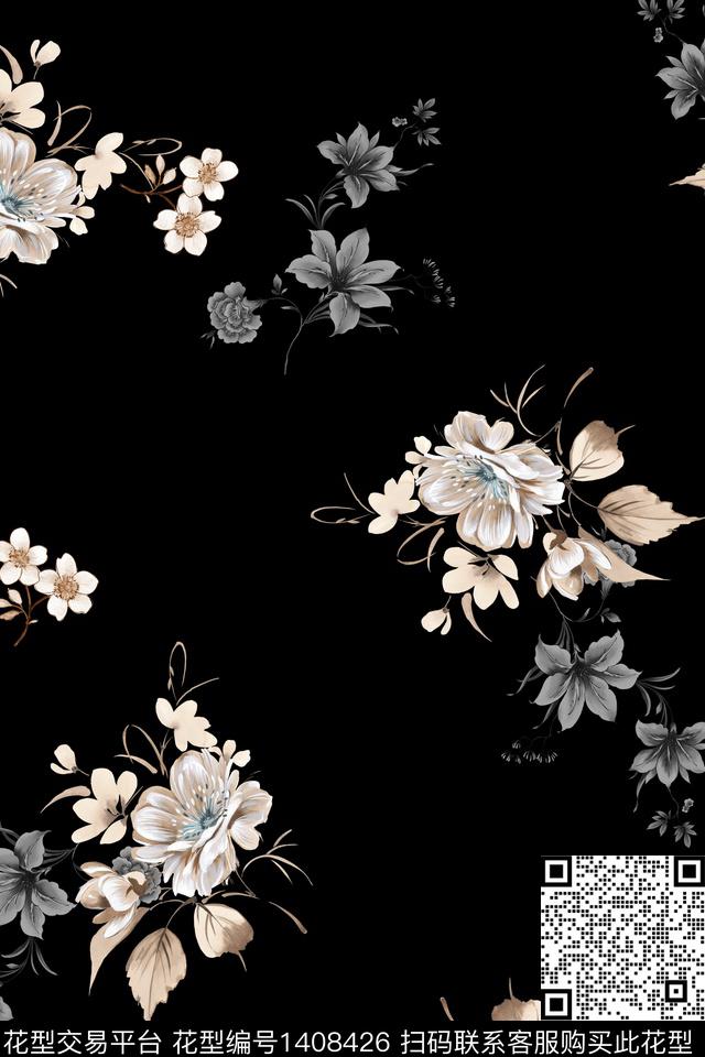 黑底花卉花卉香云纱数码印花华亿平台下载（图片编号: 1408426） - 瓦栏（Walan）