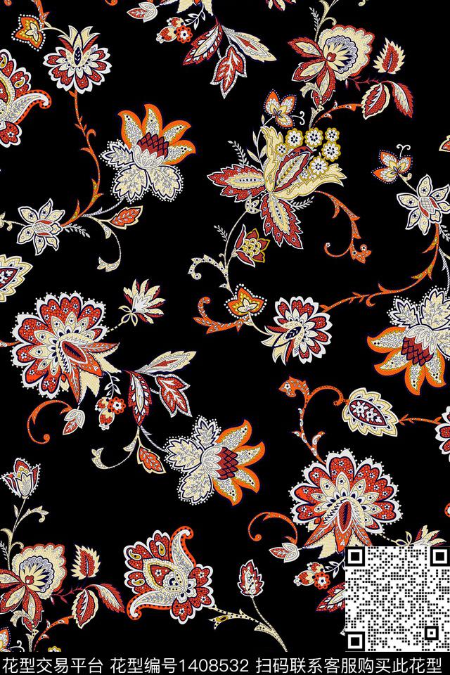 复古民族风花卉数码印花华亿平台下载（图片编号: 1408532） - 瓦栏（Walan）