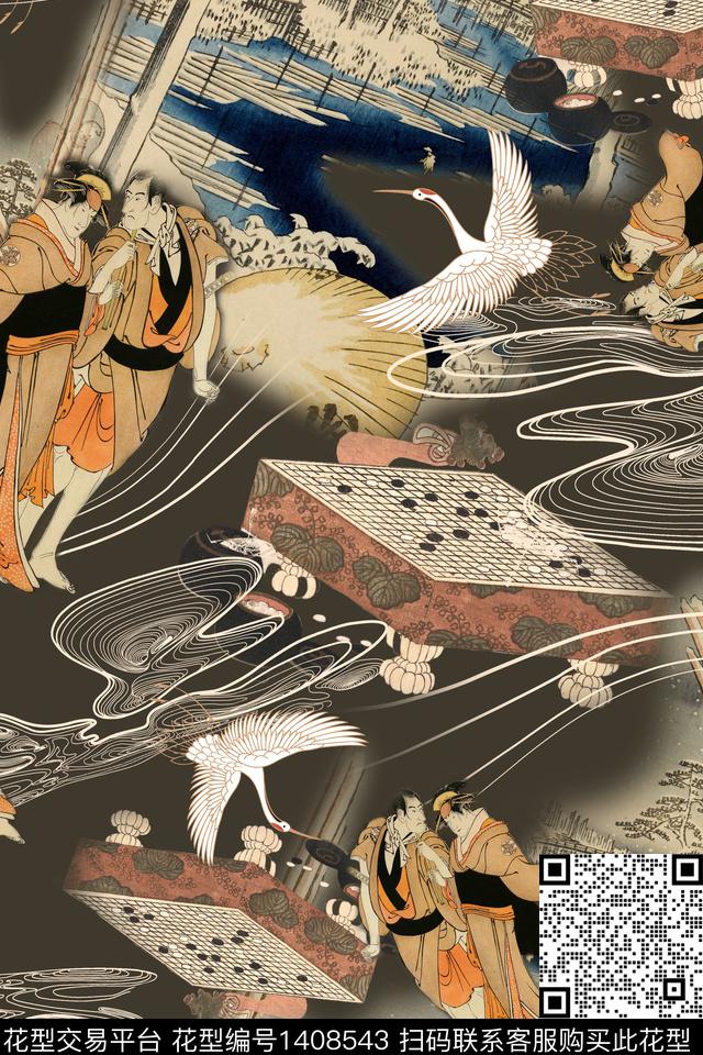 人物仙鹤复古数码印花华亿平台下载（图片编号: 1408543） - 瓦栏（Walan）