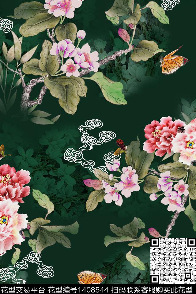 绿植树叶花卉满版散花数码印花华亿平台下载（图片编号: 1408544） - 瓦栏（Walan）