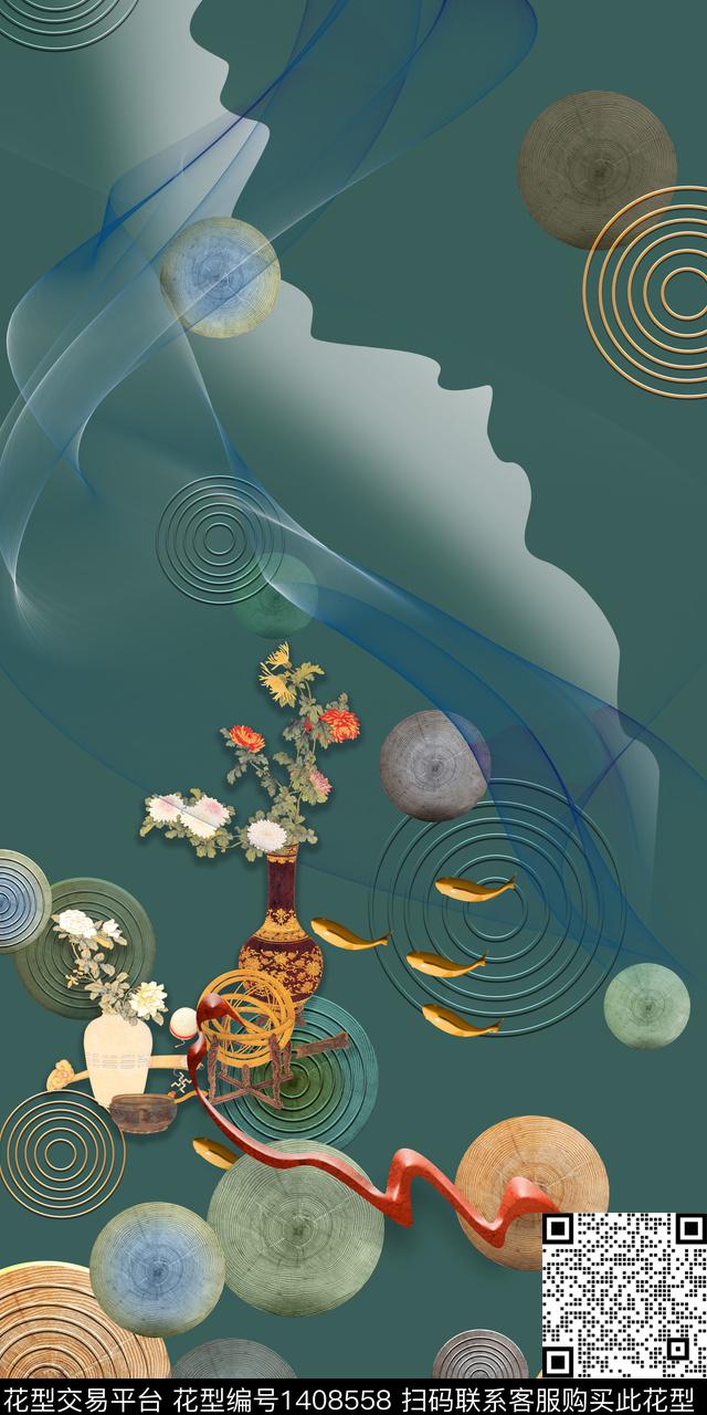 花瓶花卉圆盘数码印花华亿平台下载（图片编号: 1408558） - 瓦栏（Walan）