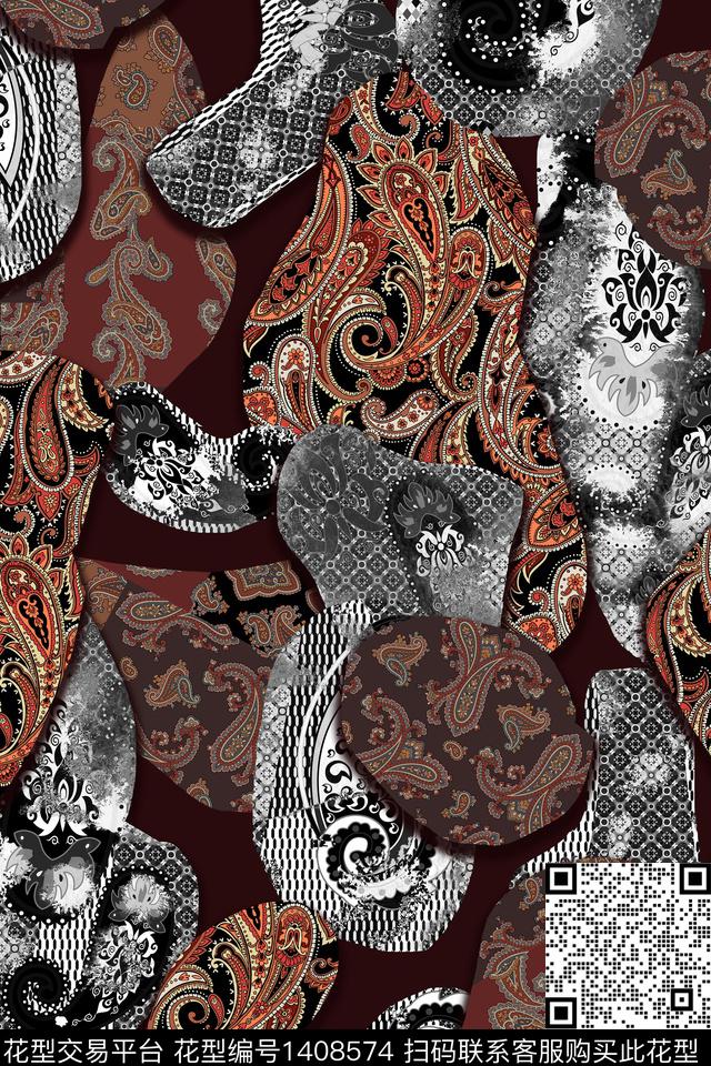 民族风佩斯利满版散花数码印花华亿平台下载（图片编号: 1408574） - 瓦栏（Walan）