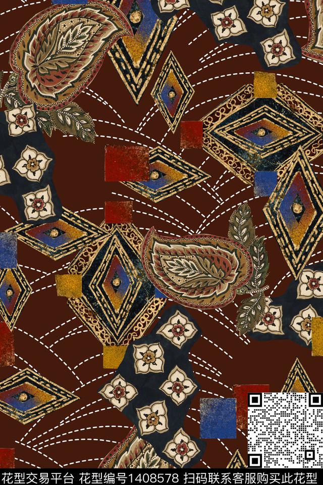 民族风佩斯利满版散花数码印花华亿平台下载（图片编号: 1408578） - 瓦栏（Walan）