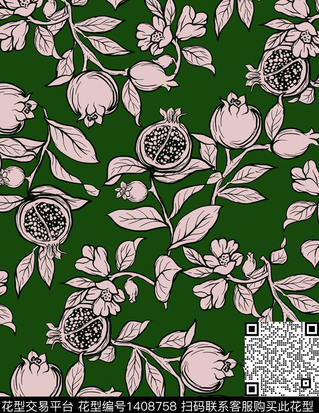花卉版画石榴传统印花华亿平台下载（图片编号: 1408758） - 瓦栏（Walan）