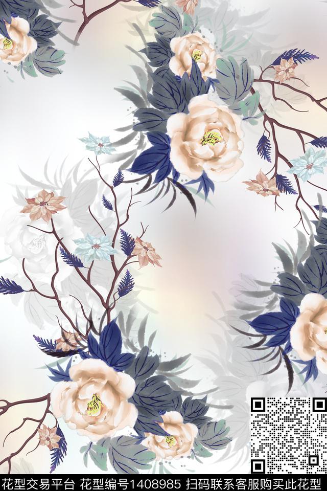 花卉中国风真丝数码印花华亿平台下载（图片编号: 1408985） - 瓦栏（Walan）