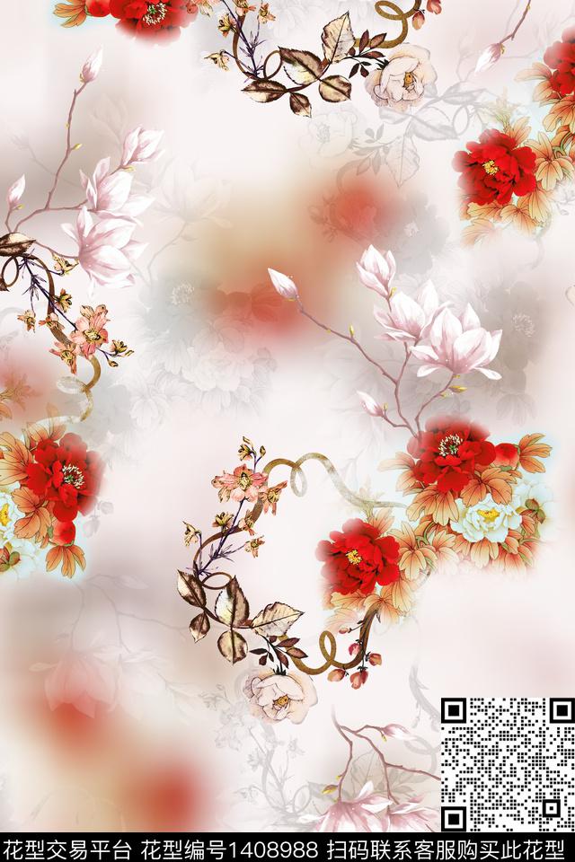 花卉中国风真丝数码印花华亿平台下载（图片编号: 1408988） - 瓦栏（Walan）