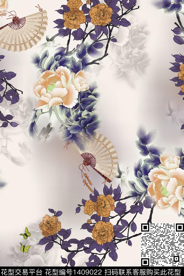 花卉中国风真丝数码印花华亿平台下载（图片编号: 1409022） - 瓦栏（Walan）