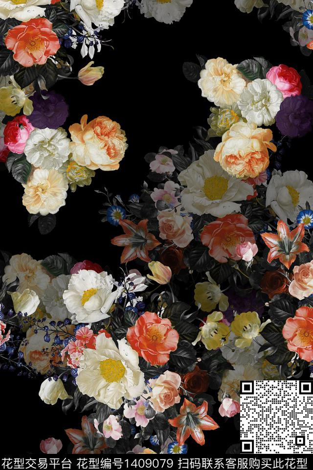 黑底花卉花卉真丝数码印花华亿平台下载（图片编号: 1409079） - 瓦栏（Walan）