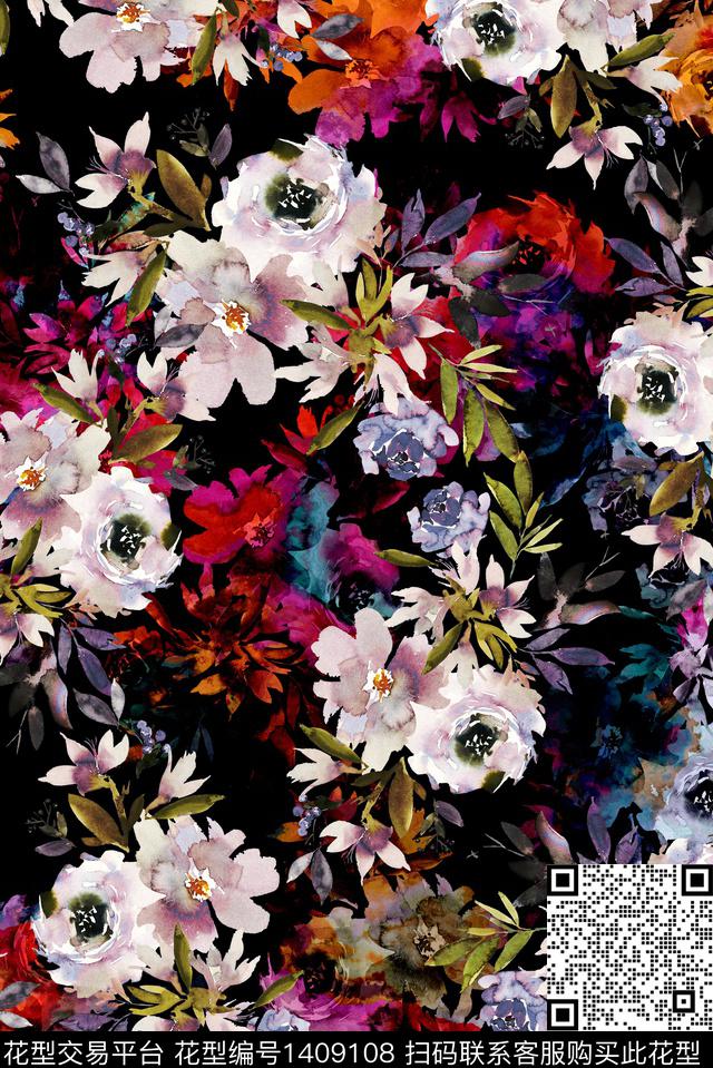 时尚水彩民族风数码印花华亿平台下载（图片编号: 1409108） - 瓦栏（Walan）