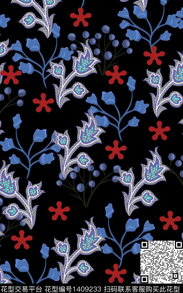 抽象花卉花卉满版散花传统印花华亿平台下载（图片编号: 1409233） - 瓦栏（Walan）