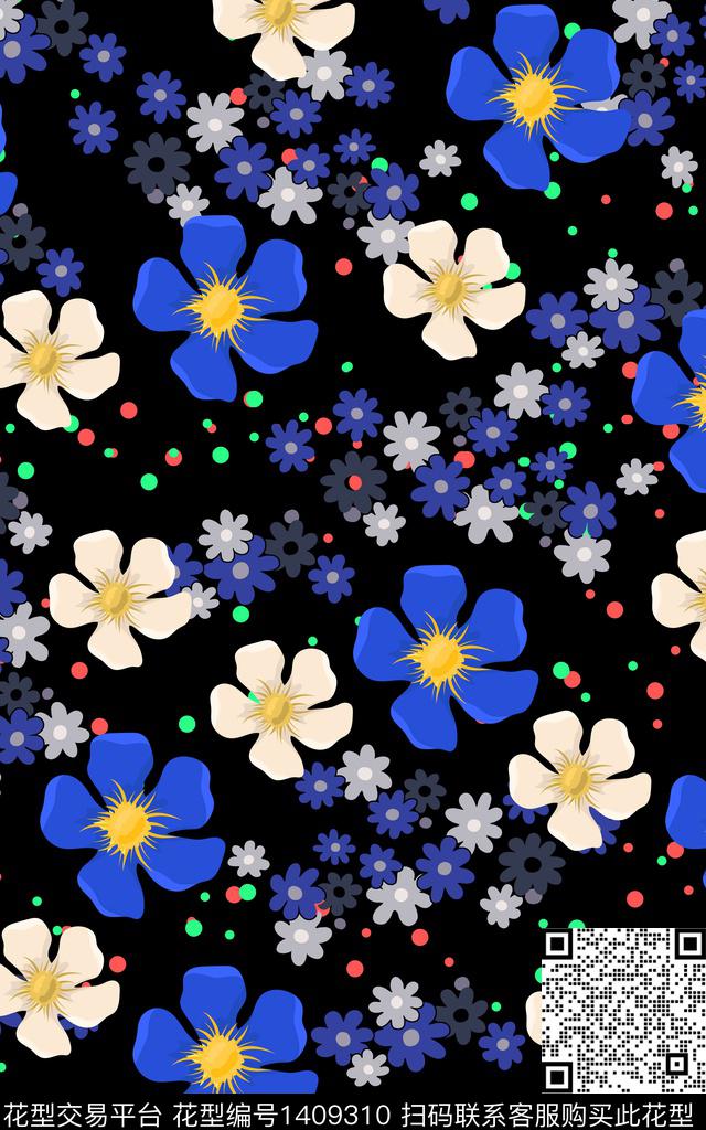 花卉满版散花手绘花卉传统印花华亿平台下载（图片编号: 1409310） - 瓦栏（Walan）