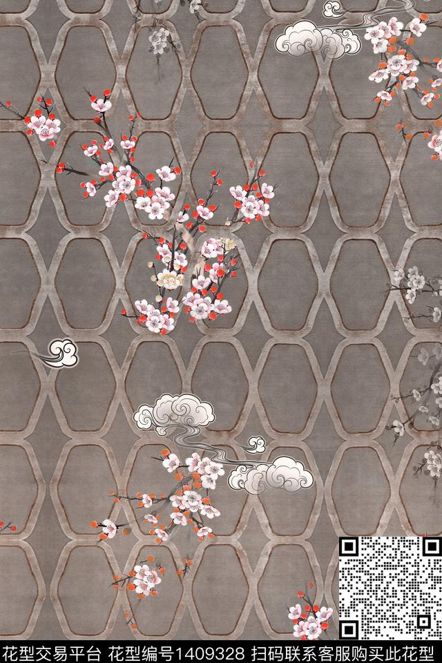 梅花中国风华亿平台真丝旗袍花数码印花华亿平台下载（图片编号: 1409328） - 瓦栏（Walan）