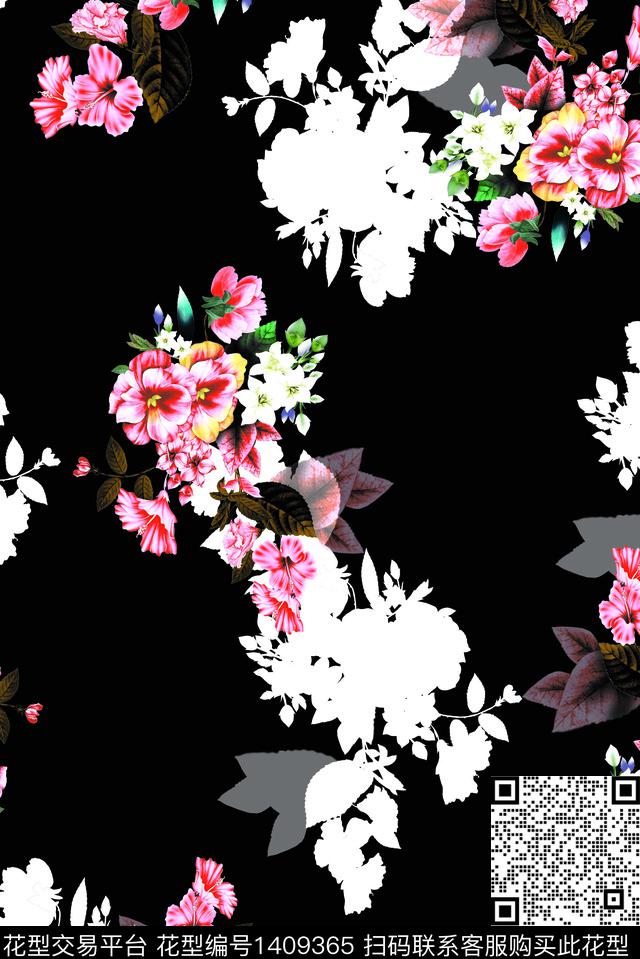 抽象花卉香云纱手绘花卉数码印花华亿平台下载（图片编号: 1409365） - 瓦栏（Walan）