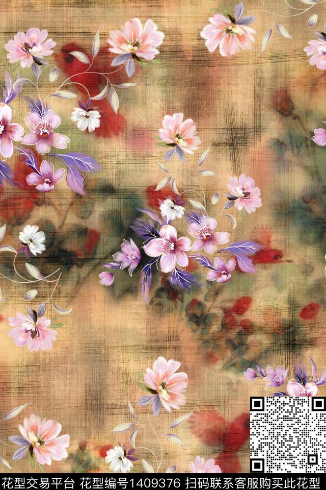 抽象花卉香云纱手绘花卉数码印花华亿平台下载（图片编号: 1409376） - 瓦栏（Walan）