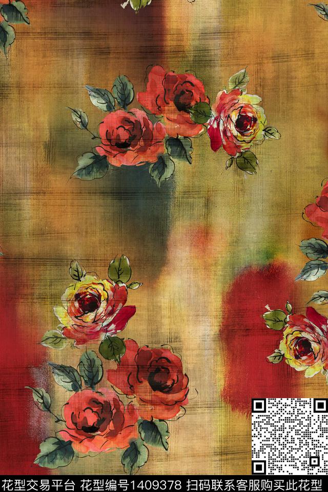 抽象花卉香云纱手绘花卉数码印花华亿平台下载（图片编号: 1409378） - 瓦栏（Walan）