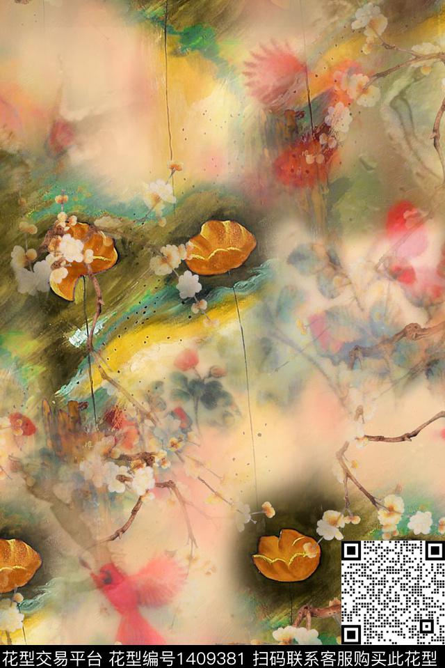 抽象花卉香云纱手绘花卉数码印花华亿平台下载（图片编号: 1409381） - 瓦栏（Walan）