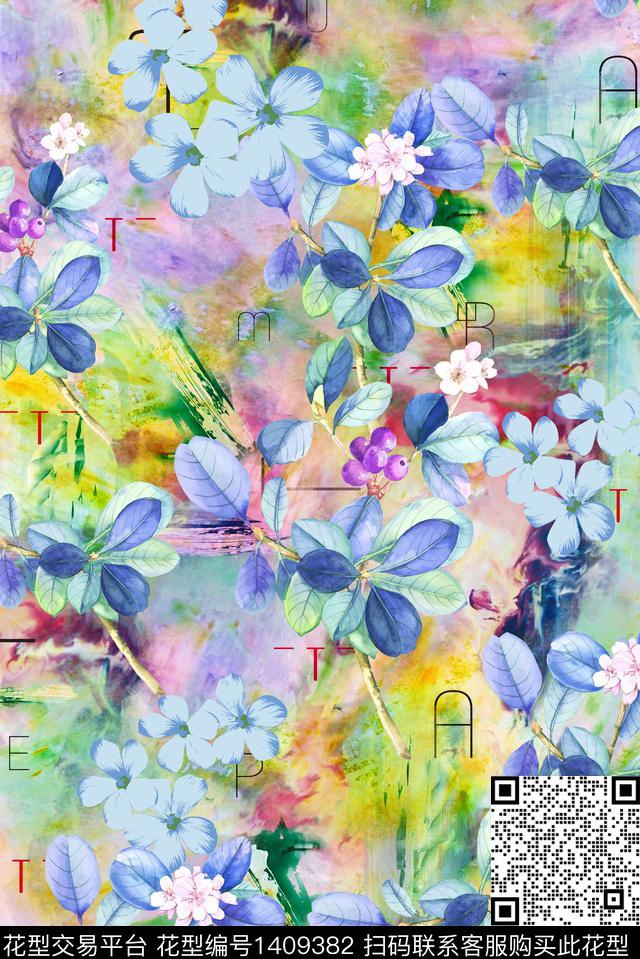 抽象花卉香云纱手绘花卉数码印花华亿平台下载（图片编号: 1409382） - 瓦栏（Walan）