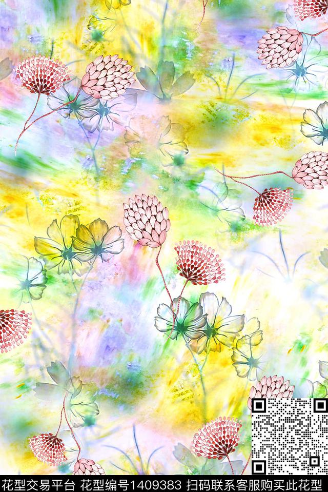 抽象花卉香云纱手绘花卉数码印花华亿平台下载（图片编号: 1409383） - 瓦栏（Walan）