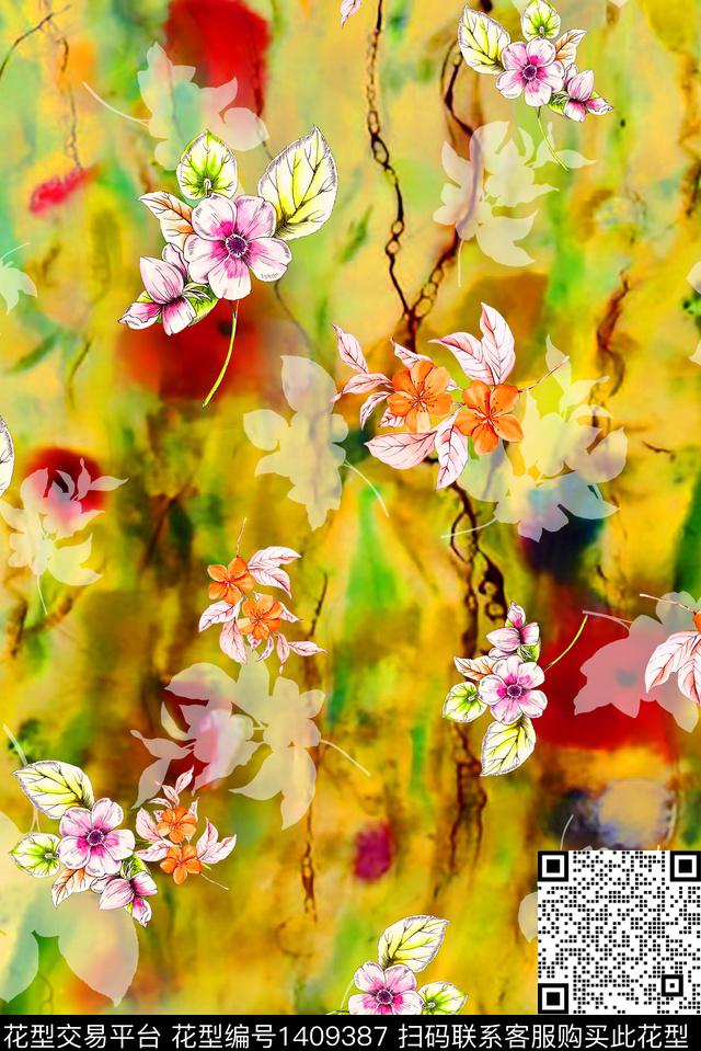 抽象花卉香云纱手绘花卉数码印花华亿平台下载（图片编号: 1409387） - 瓦栏（Walan）