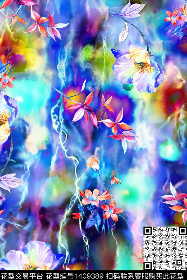 抽象花卉香云纱手绘花卉数码印花华亿平台下载（图片编号: 1409389） - 瓦栏（Walan）