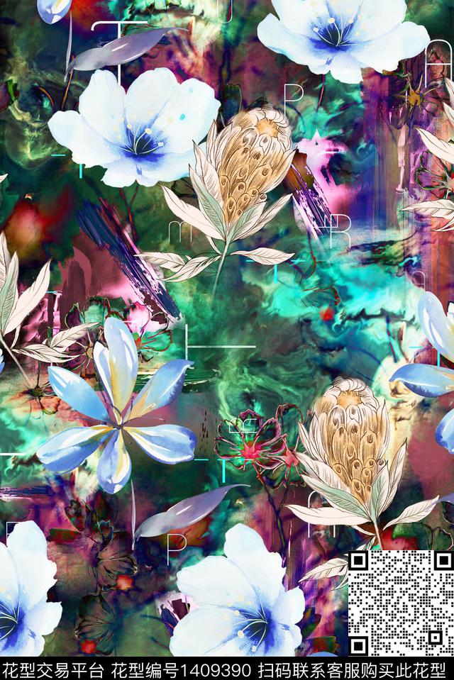 抽象花卉香云纱手绘花卉数码印花华亿平台下载（图片编号: 1409390） - 瓦栏（Walan）