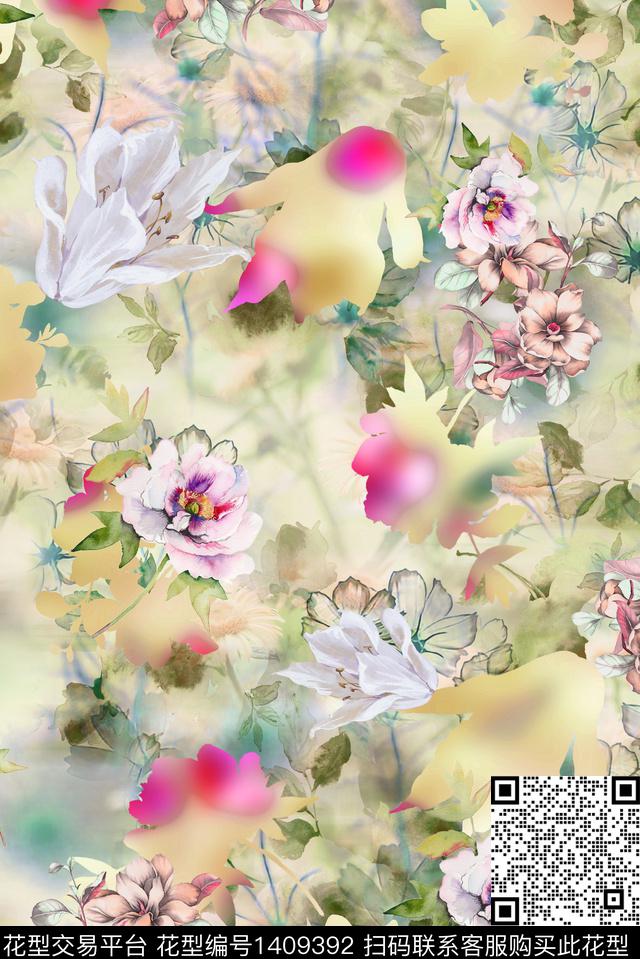 抽象花卉香云纱手绘花卉数码印花华亿平台下载（图片编号: 1409392） - 瓦栏（Walan）