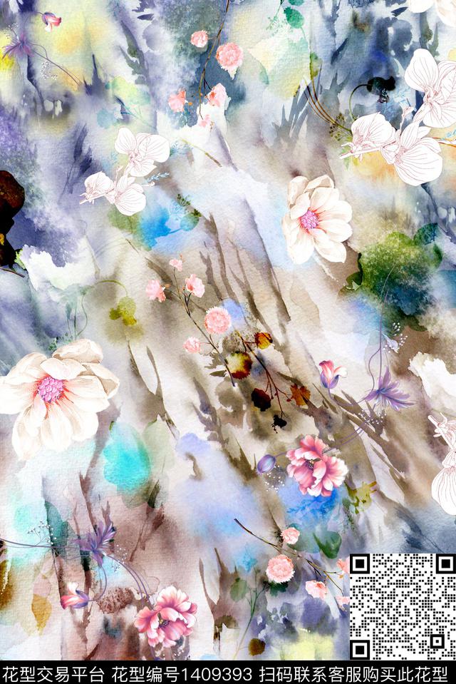抽象花卉香云纱手绘花卉数码印花华亿平台下载（图片编号: 1409393） - 瓦栏（Walan）