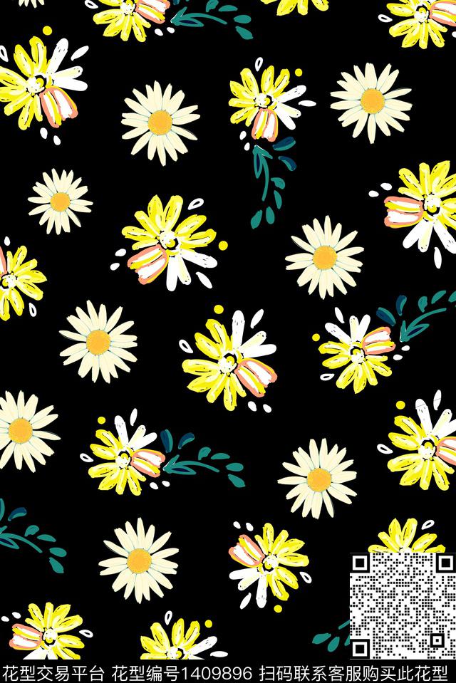 花卉黑底花卉审传统印花华亿平台下载（图片编号: 1409896） - 瓦栏（Walan）