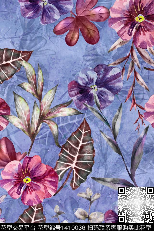 时尚花卉真丝数码印花华亿平台下载（图片编号: 1410036） - 瓦栏（Walan）