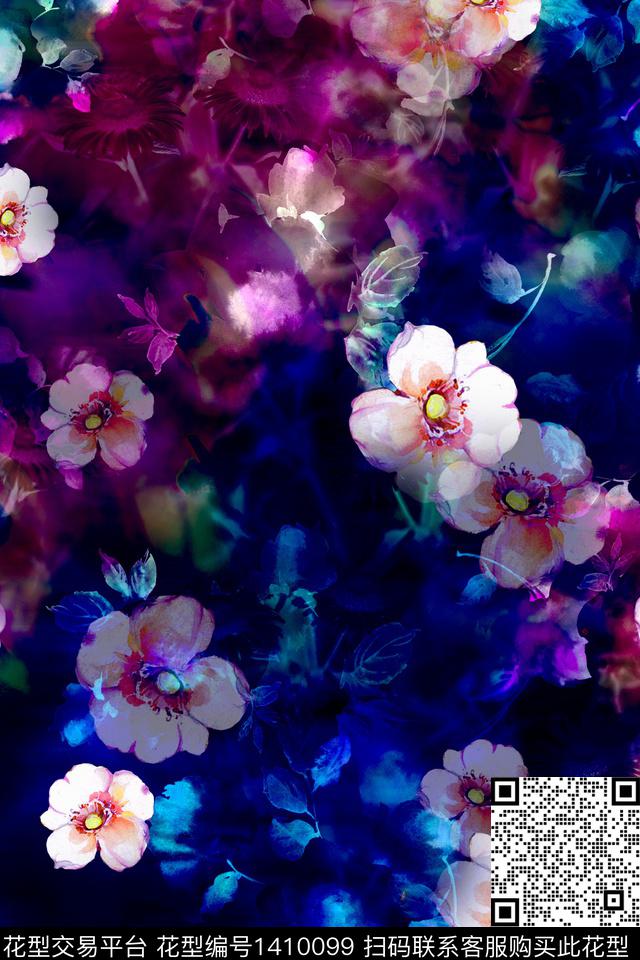 黑底花卉花卉大牌风数码印花华亿平台下载（图片编号: 1410099） - 瓦栏（Walan）