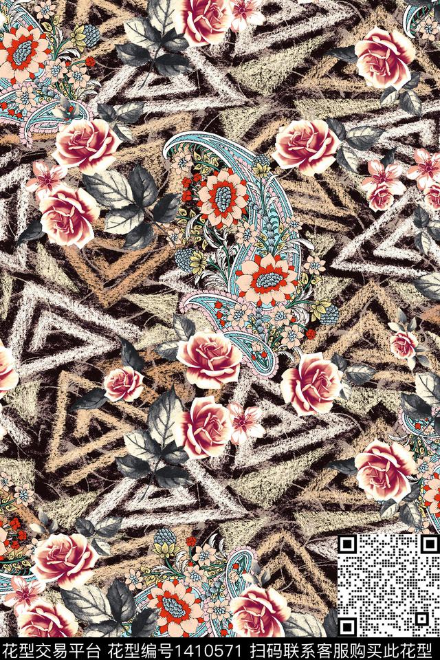 几何绿植树叶花卉数码印花华亿平台下载（图片编号: 1410571） - 瓦栏（Walan）