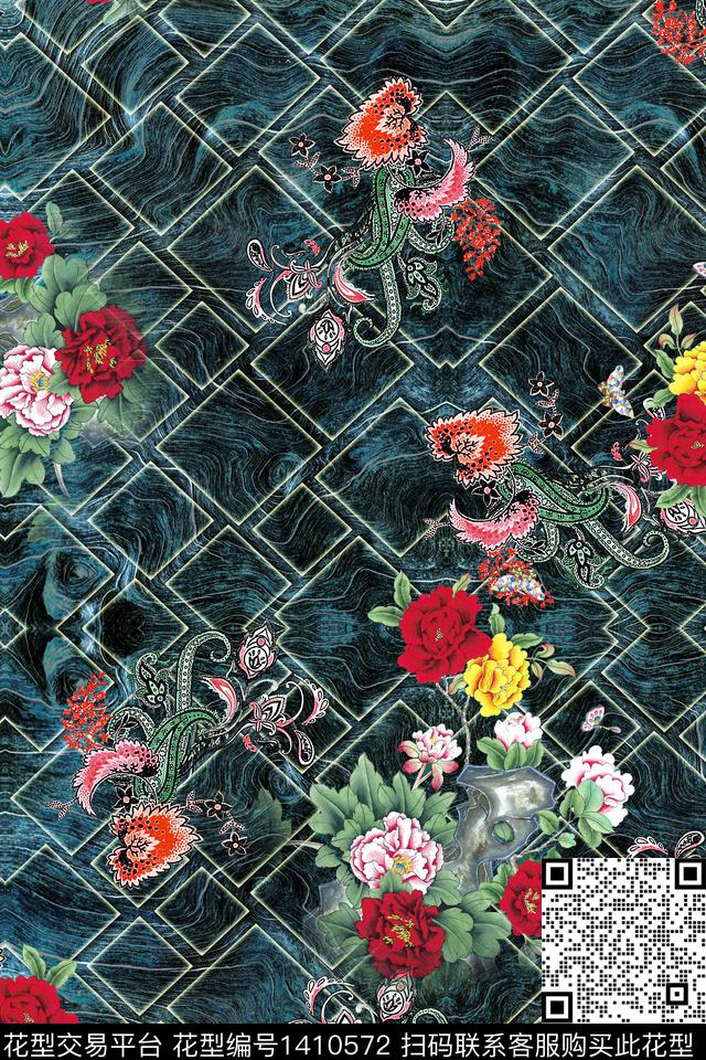 几何绿植树叶花卉数码印花华亿平台下载（图片编号: 1410572） - 瓦栏（Walan）